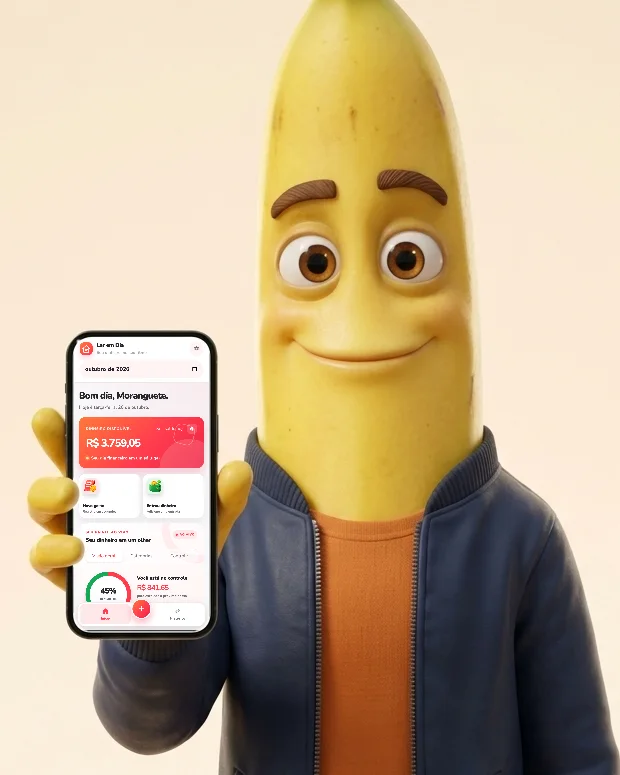 Bananildo mostrando o app Lar em Dia aberto no celular